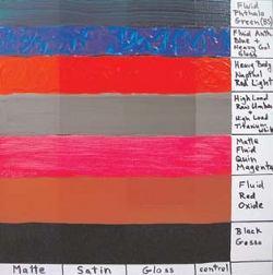 Test panel with rows of various colors and textures. One section was left untouched as a control. Other areas show affect of MSA Gloss, Satin, and Matte Varnishes applied over an isolation coat.