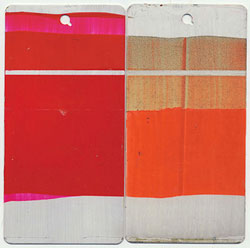 Fluorescent Magenta.10 mil. Uncoated, with Isolation Coat, and with 2 coats MSA Varnish. Left is unexposed, right after 1 year exposure.