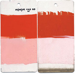 Cadmium Red Light. 10 mil. Masstone and 10:1 tint. Unvarnished. Left is unexposed, right after 3 year exposure.
