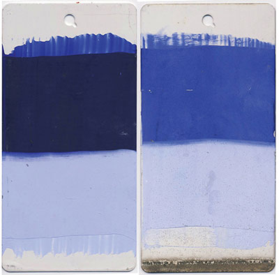 Ultramarine Blue. 10 mil. Masstone and 10:1 tint. Unvarnished. Left is unexposed, right after 3 year exposure.