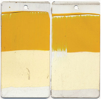 Diarylide Yellow. 10 mil. Masstone and 10:1 tint. Unvarnished. Left is unexposed, right after 3 year exposure.