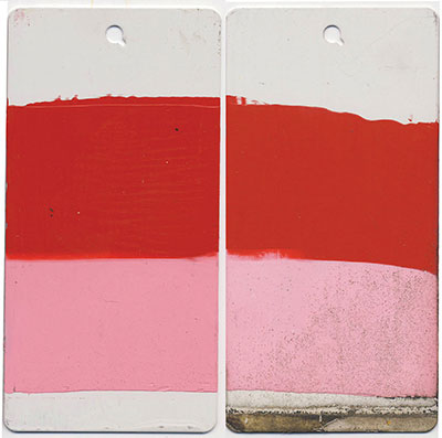 Pyrrole Red. 10 mil. Masstone and 10:1 tint. Unvarnished. Left is unexposed, right after 3 year exposure.