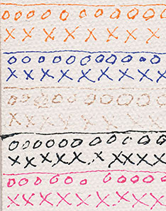 Fluorescent Orange, Ultramarine Blue, Iridescent Copper, Carbon Black & Fluorescent Pink fine lines on Gessoed Canvas