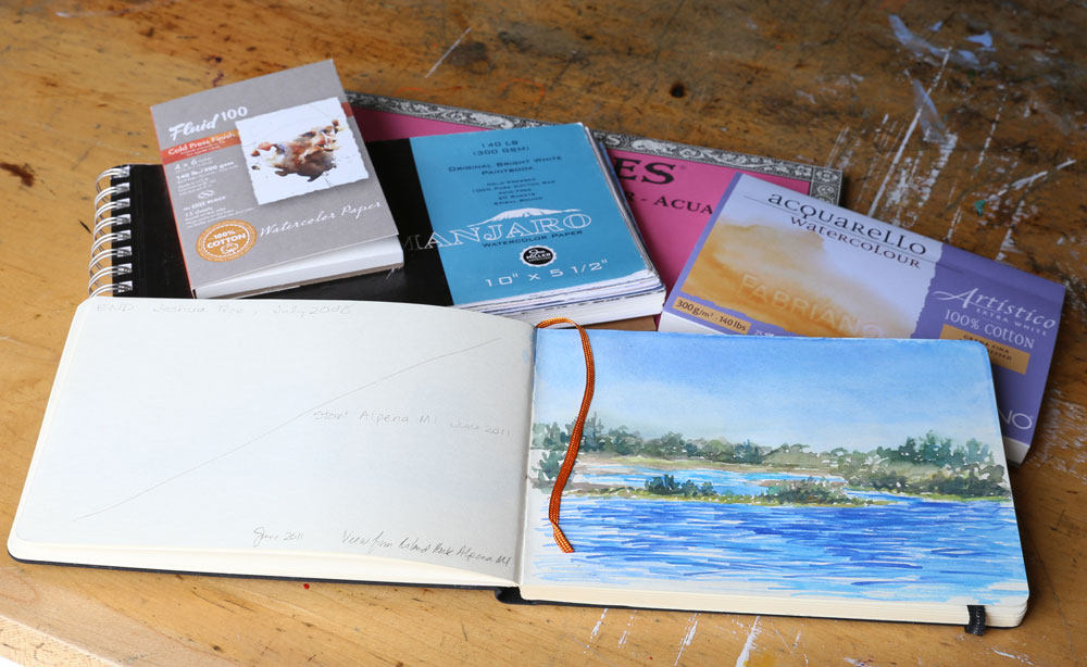 Examples of watercolor paper, watercolor paper blocks, and sketchbooks with watercolor paper.