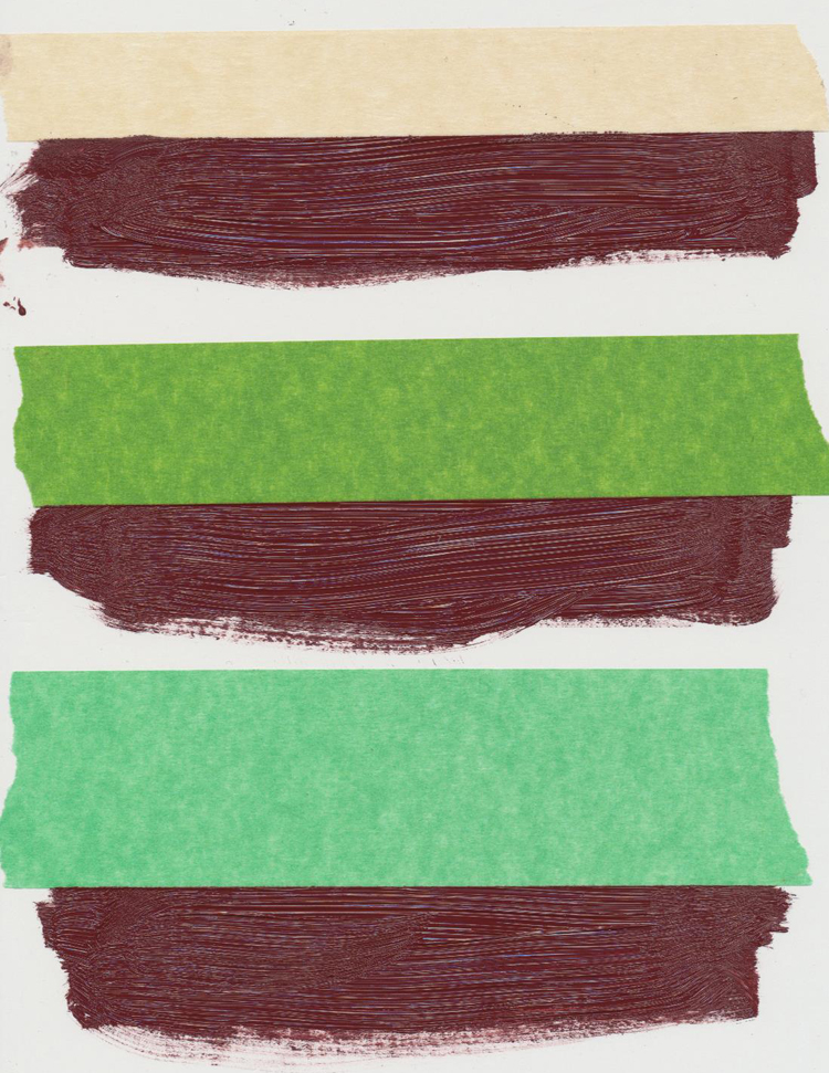 Examples where a second layer of tape was applied on top of the first, then pulled immediately after painting, leaving the clean underlying tape in contact with the paint along its edge.