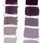 QoR Perylene Violet watercolor lightfast test result photograph, water dilution on left and mixes with Titanium White on right on cold press watercolor paper.