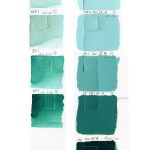 QoR Ultramarine Turquoise watercolor lightfast test result photograph, water dilution on left and mixes with Titanium White on right on cold press watercolor paper.