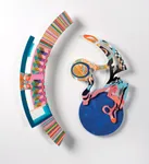 Acrylic,  gouache and spray paint on cut wood 30″ x 25″