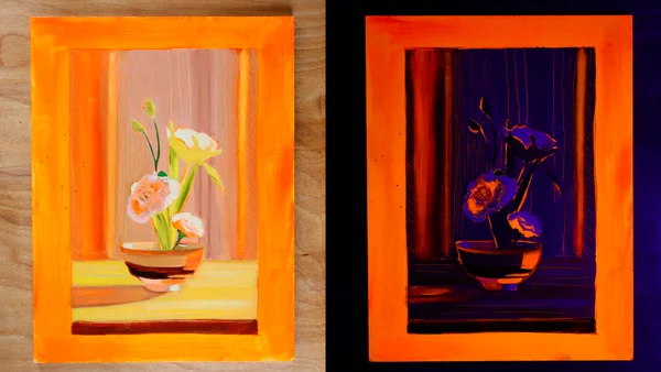 Using Fluorescents as an underpainting for unique effects. (left) standard lighting (right) Blacklight